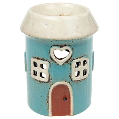 Image of Shudehill Giftware Village Pottery Round Blue House Ceramic Tealight Holder and Warmer for Wax Melts Oil