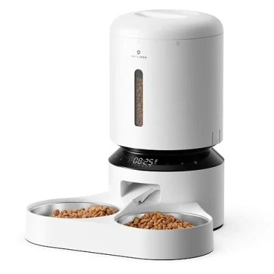 Image of PETLIBRO Automatic Cat Feeder, Pet Food Dispenser Triple Preservation with Stainless Steel Bowl &amp; Twist Lock Lid, up to 50 Portions 6 Meals Per Day, Granary for Small/Medium Pets (5L, White)