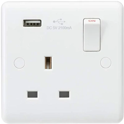 Image of KnightsBridge Curved Edge 13A 1G Switched Socket with USB Charger (5V DC 2.1A)