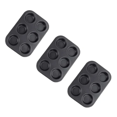 Image of SDMAX Non Stick 6 Slot Baking Tray, Muffin Sturdy, Heat Resistant, Cupcake Pan, Yorkshire Pudding Pies, Round, Cake Mould, Easy to Clean, Black (3PCS)