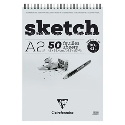 Image of Clairefontaine Ref 96641C Ivory Wirebound Sketch Pad (50 Sheets) A2 (597 x 420mm) in Size, 90gsm Paper Suitable for Sketching with Pencil, Charcoal