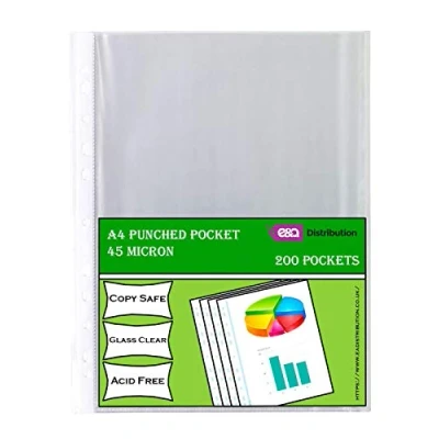 Image of 200 X 45 Micron A4 Clear Plastic Punch Punched Pockets FOLDERS Filing Wallets Sleeves
