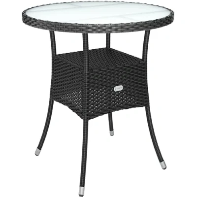 Image of CASARIA® 60cm Round Poly Rattan Glass Top Garden Table Outdoor Side With Frosted Safety Plate Weatherproof Dining Furniture Patio Balcony Bistro Coffee Cafe Black