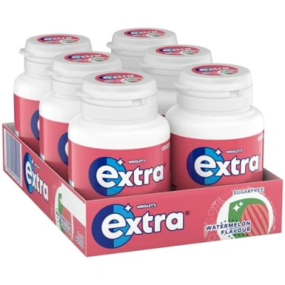 Image of Wrigley&#039;s Extra Chewing Gum, Watermelon Flavour, 6 Bottles of 46 Pieces, Gum Bulk Pack, Sugar Free With Xylitol (276 pieces)