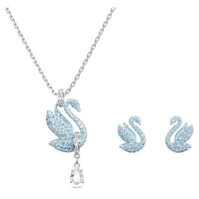 Image of Swarovski Iconic Swan Stud Earrings and Necklace Set, White Blue Crystals in a Rhodium Plated Setting, from the Collection