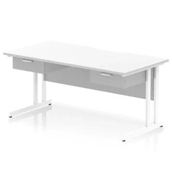 Image of Impulse 1600 x 800mm Scalloped Edge Straight Office Desk White Top Cantilever Leg Workstation 2 1 Drawer Fixed Pedestal