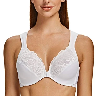 Image of MELENECA Front Fastening Bras for Women Plus Size Underwire Unlined Lace Cup Cushion Strap White 44E
