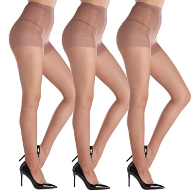 Image of YAGAXI 20D Sheer Tights for Women 3 Pairs Women&#039;s Control Top Pantyhose (Light Coffee, S)