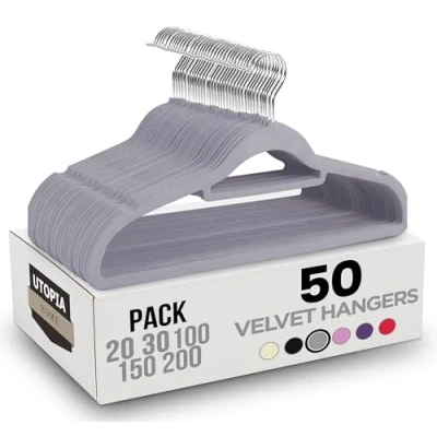 Image of Utopia Home Premium Velvet Hangers 50 Pack Non Slip Clothes with Tie Bar Grey Standard 360 Degree Rotatable Hook Heavy Duty Coat