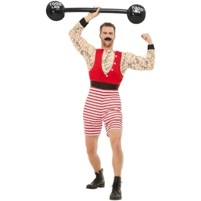 Image of Smiffys Deluxe Strongman Costume, Red &amp; White with Short Jumpsuit Moustache, Circus Fancy Dress, Adult Dress Up Costumes