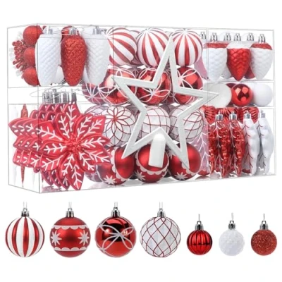 Image of SHareconn 106pcs Christmas Balls Ornaments Set, Shatterproof Plastic Decorative Baubles for Xmas Tree Decor Holiday Wedding Party Decoration with Hooks Included, Red &amp; White