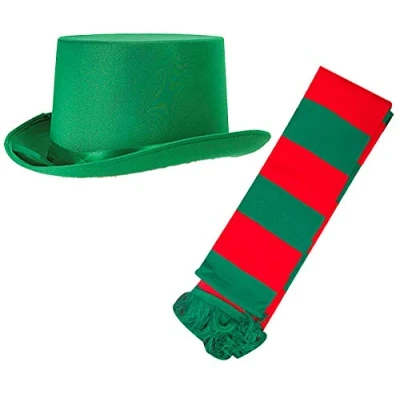 Image of labreeze Elf Santa Helper Satin Top Hat Striped Red Green Scarf Xmas Party Fancy Dress