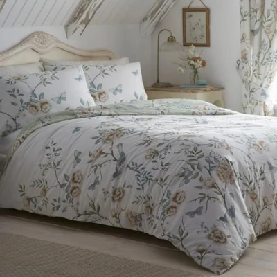 Image of Dreams &amp; Drapes Garden Flower, Butterfly Bird Duvet Cover King Bedding Size Reversible Design (2 Colours) Easy Care Washable Vintage Flower in Sage White/Sage Green Floral