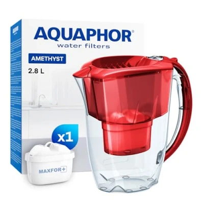 Image of AQUAPHOR Water Filter Jug Amethyst Red 1 X MAXFOR+ Included I Capacity 2.8l Fits in the fridge door Reduces Limescale Chlorine &amp; Microplastics