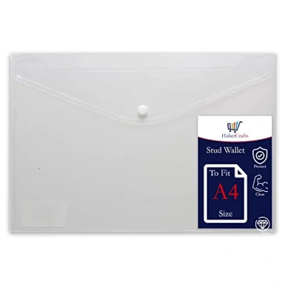 Image of A4 Plastic Wallets Clear Popper Wallet Envelope Folders Transparent School Document Folder Press Stud Carry File Pockets Office Files Button Closure (to Fit Size 1 File)