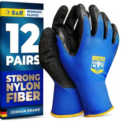 Image of S&amp;R Work Gloves 12 Pairs, Size M/8, Latex Coated Nylon Protective for Indoor &amp; Outdoor Use