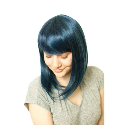 Image of Prettyland matt Natural static free Straight Wig Mid Length for Daily Life with Bangs Dark Blue (black Mixed) C180