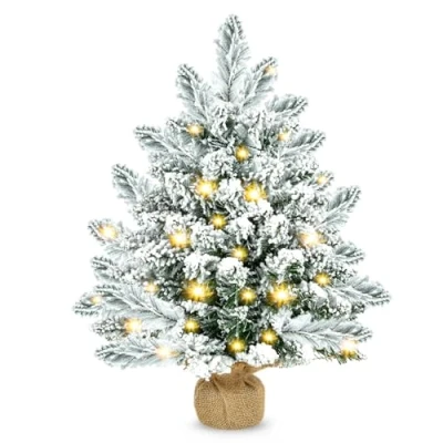 Image of Tabletop Christmas Tree, 20 inch Artificial Mini Tree with LED Lights, Snow Flocked Xmas Burlap Base, Table Desktop for Home Office Holiday Decorations