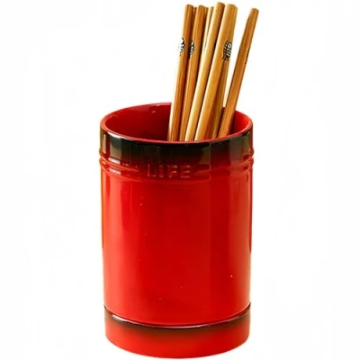 Image of Dowbom Kitchen Utensil Holder Countertop Ceramic Cutlery Chopstick for (Red, 4 inch)