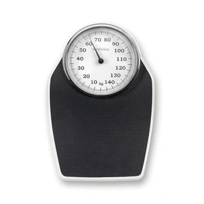 Image of medisana PSD mechanical bathroom scale up to 150 kg, analogue, retro in classic design and large frustration free packaging reinforced glass cover
