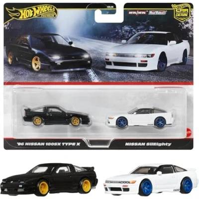 Image of Hot Wheels Premium Car Culture Kultowe auta Nissan Sileighty 2 pak samochodów w skali 1:64, wyjątkowe połączenia, opony Real Riders, metalowa konstrukcja, zestaw dla kolekcjonerów, JBK96