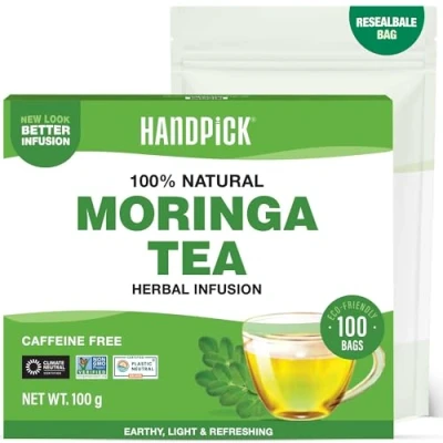 Image of HANDPICK, Moringa Tea Bags (100 Count) Non GMO, Caffeine Free, Pure Leaves Sweet and Light Herbal Bags, Round Eco conscious Teabags