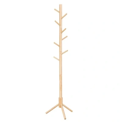 Image of VASAGLE Wooden Tree Shaped Coat Stand with 8 Hooks 3 Adjustable Height for Clothes Hats Bags Entrance Living Room Bedroom Office Wood Color RCR004N01