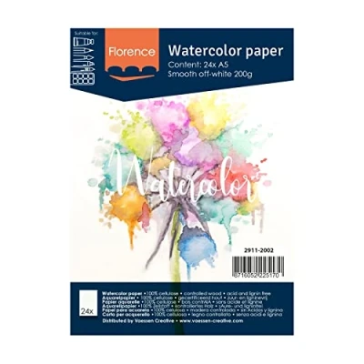 Image of Vaessen Creative Florence Hot Pressed Watercolour Paper A5, Ivory, 200 GSM, Artist Grade Quality, Smooth Surface, 24 Sheets for Painting, Hand Lettering, Art Projects