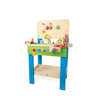 Image of Hape Master Workbench Award Winning Kid&#039;s Wooden Tool Bench Toy Pretend Play Creative Building Set, Height Adjustable 35 Piece Workshop for Toddlers