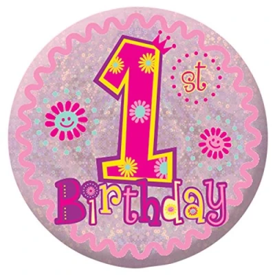 Image of amscan 9900820 Badge Sml HoloG Happy 1st BD
