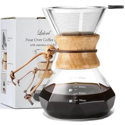 Image of Lalord Pour Over Coffee Maker with Reusable Stainless Steel Filter, 600 ml Borosilicate Glass Carafe, Wooden Collar, Dripper Brewer, Hold 3 Cups, 600ml
