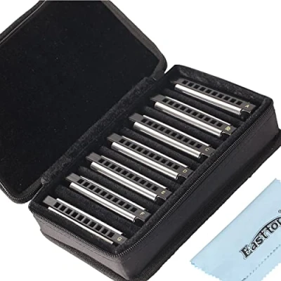 Image of East top Harmonica set of 7, 10 Holes Blues set, 20 Tones harp mouth organ Diatonic For Adults, Professional Players and Students, as a gift