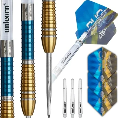 Image of Unicorn Darts Set Duo Phase 6 Gary &#039;The Flying Scotsman&#039; Anderson 90% Tungsten Barrels with Two Tone Blue &amp; Golden Titanium Coatings Durable Ultrafly Flights Steel Tip Volute Points 24 g