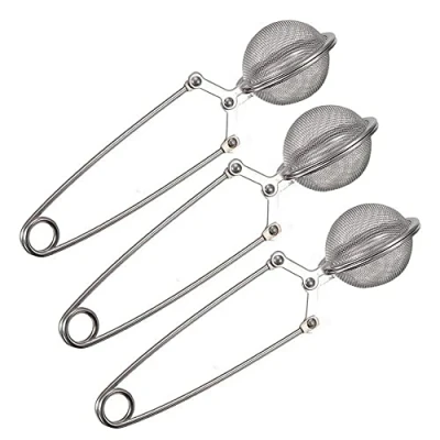 Image of KAV 3 Pack Stainless Steel Tea Strainer 2 X Mesh Snap Ball Shaped Infuser Squeezer with Handle for Loose Leaf Coffee, Beans and Mulling Spices, Silver