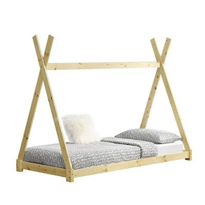 Image of [en.casa] Children Bed 208x96x163cm Natural Pine Colour for Kids Wood Frame Indian Tent Design