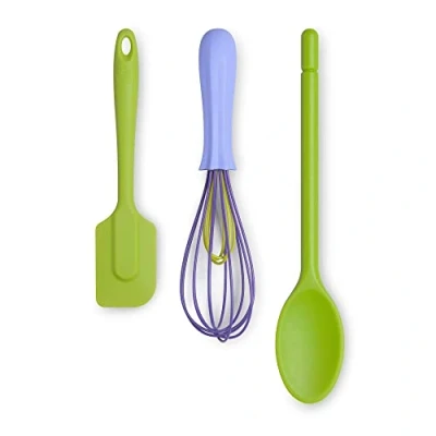 Image of Zeal JSET28L Non Stick Silicone Cooks Spoon, Whisk &amp; Spatula 3 Piece Set, Lime/Purple