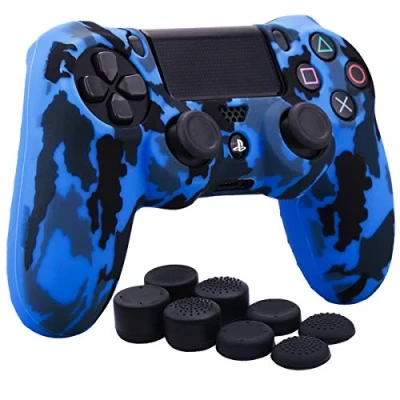 Image of YoRHa Water Transfer Printing Camouflage Silicone Cover Skin Case for Sony PS4/slim/Pro Dualshock 4 Controller x 1(blue) With Pro thumb grips 8