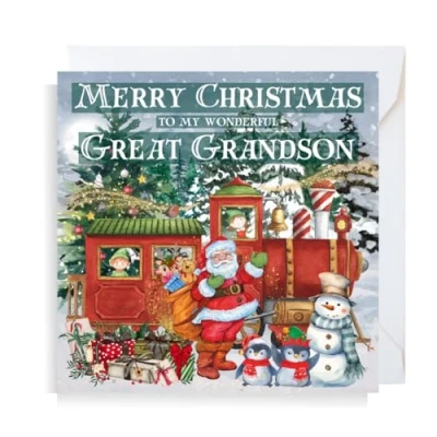 Image of Second Ave Great Grandson Christmas Train Santa Snowman Children&#039;s Kids Square Xmas Holiday Festive Greetings Card