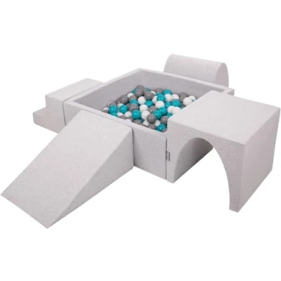 Image of KiddyMoon Foam Playground For Kids With Square Ballpit (300 Balls ∅ 7Cm/2.75In) Soft Obstacles Course And Ball Pool Made In EU, Lightgrey:Grey/White/Turquoise