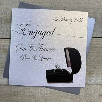 Image of WHITE COTTON CARDS PERSONALISED ENGAGEMENT CARD. ANY RELATION. SON &amp; FIANCÉE. RING IN BOX DESIGN. Handmade (P16 81 S XP16 S)