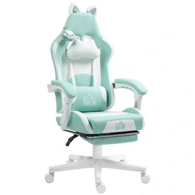 Image of HOMCOM Gaming Chair for Adults with Cat Ears, Faux Leather Reclining Computer Footrest, Lumbar Support and Headrest, Height Adjustable Swivel Seat, Light Blue