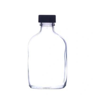 Image of Small Glass Bottles Flask (50ml) with Caps Perfect for Weddings Mini Hip Style (Black Plastic Lid, Pack of 70)