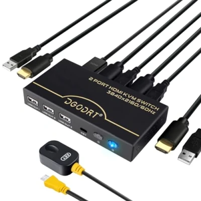 Image of HDMI KVM Switch 2 Port, 4K@60Hz USB Switcher UHD YUV4:4:4 for PC Share 1 Monitor Keyboard Mouse Printer, with Desktop Controller &amp; Cable