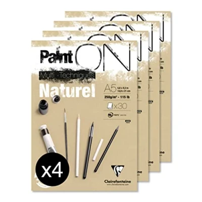 Image of Clairefontaine 96539C A glued pad of Paint&#039;On drawing paper 30 sheets 14.8x21 cm 250g, Natural Pack 4 pads