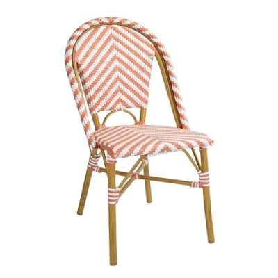 Image of Bolero Parisian Style Rattan Side Chair Set (Pack of 2), Coral &amp; White, Aluminium Artificial Rattan, Stackable, Supplied Fully Assembled, Indoor Outdoor Wicker Chairs, FU534