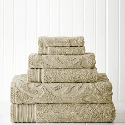 Image of Pacific Coast Textiles Jacquard/Solid Medallion Swirl Towel Set, Cotton, Taupe, Single, Set of 6
