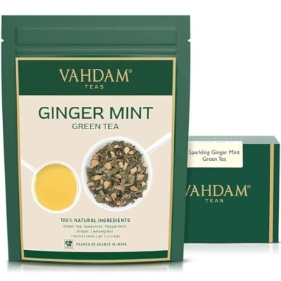 Image of VAHDAM, Ginger Mint Green Tea Loose Leaf 100g (50+ Cups) Blend Of &amp; Pure Leaves High Elevation Grown Vacuum Sealed
