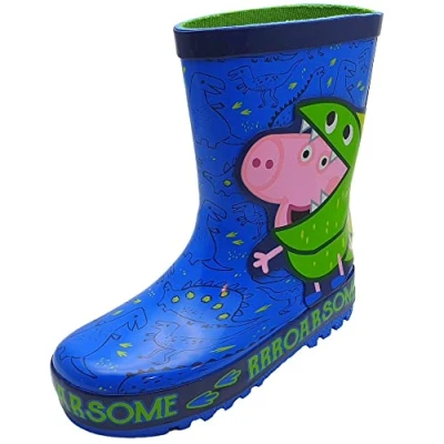 Image of Boys George Pig Roarsome Dinosaur Blue Wellington Boots.