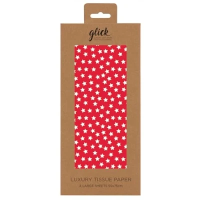 Image of Glick Four Sheets Tissue Paper, White Stars on Red, Christmas, Birthdays, for Wrapping and Arts Crafts, Red &amp;