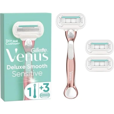 Image of Gillette Venus Deluxe Smooth Sensitive Women&#039;s Razor + 3 Blade Refills, with Rose Gold Metal Handle, Lubrastrip A Touch of Aloe Vera